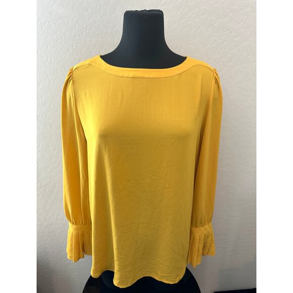 LOFT | Mustard Yellow Pleated Cuff Long Sleeve Blouse | Size Large - Picture 2 of 6